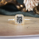 1 Carat Emerald Cut 4-Prong Black Rutilated Quartz Classic Halo Engagement Ring